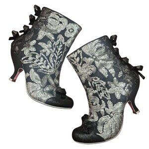 Irregular Choice Sequin Ankle Boots Pumps US 7 EU 38 Silver & Black Back Bows